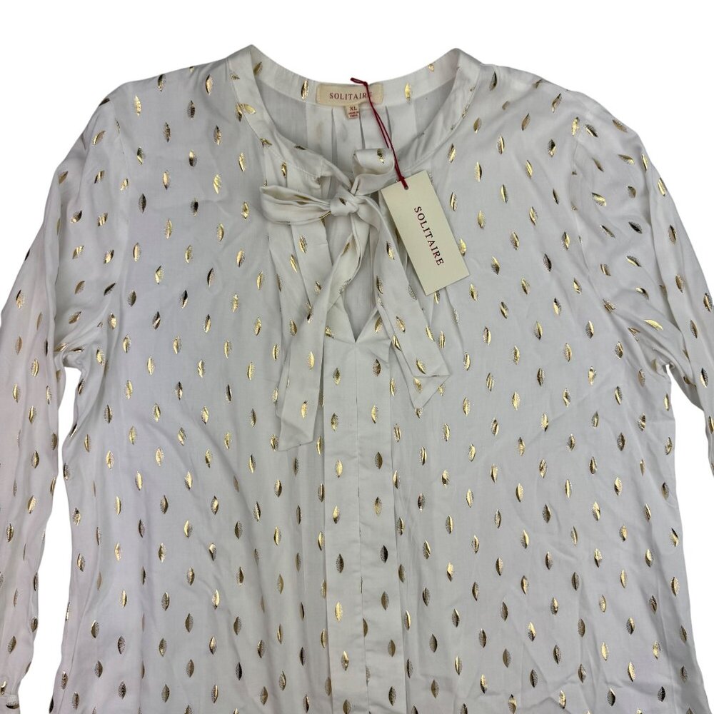 Solitaire White/Gold Geometric Foil Neck Tie ruffle cuff Blouse Women's sz XL - Picture 2 of 9